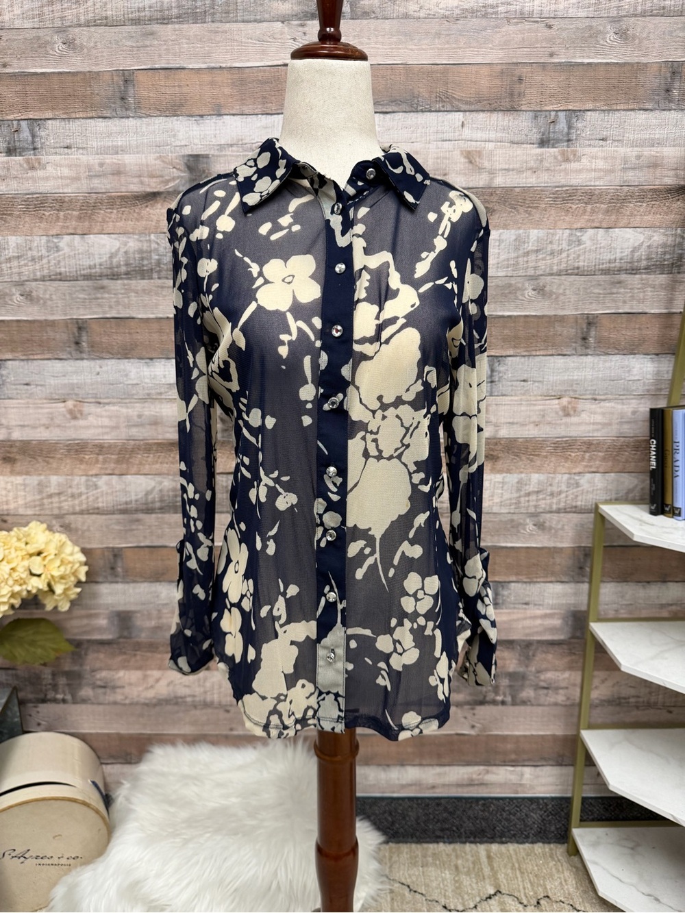 INC navy mesh floral button up blousr PM